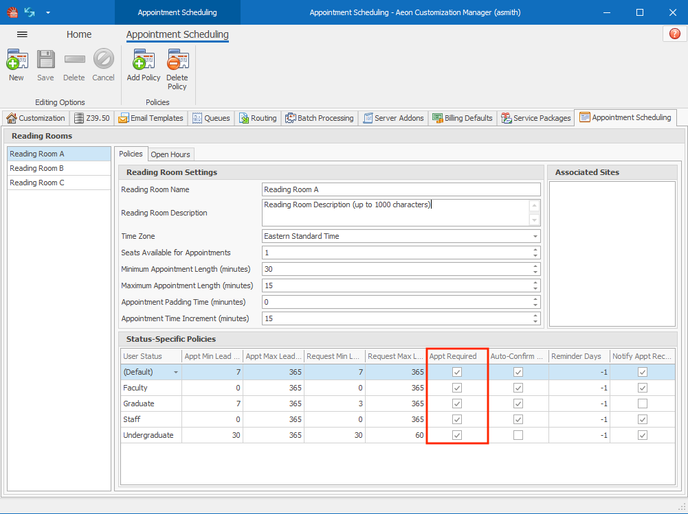Appointment Required Setting in the Aeon Customization Manager